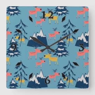 Christmas deer , Christmas trees, mountains Square Wall Clock
