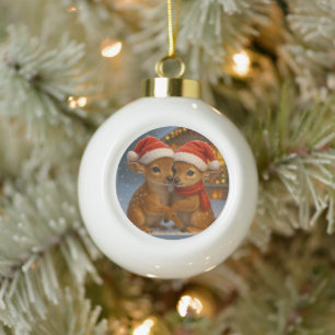 Christmas Deer Couple under Cozy Cabin Lights Ceramic Ball Christmas Ornament