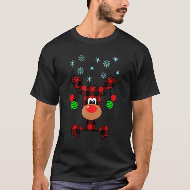 Christmas Deer Cute Red Buffalo Plaid Reindeer Mer T-Shirt (Front)