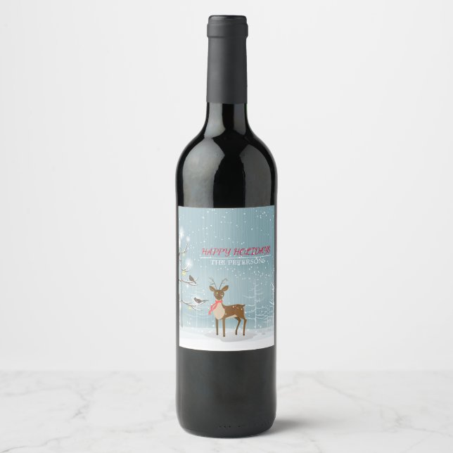 Christmas Deer- Happy Holidays Wine Label (Front)