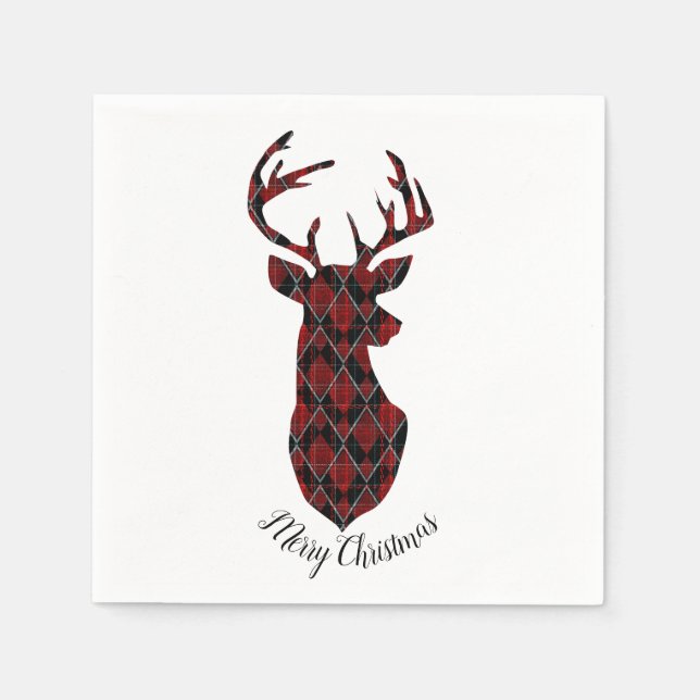 Christmas deer head, chequered, red and black napkin (Front)
