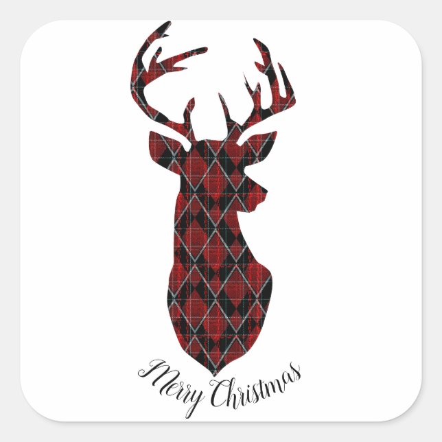 Christmas deer head, chequered, red and black square sticker (Front)