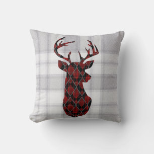 Christmas deer head, chequered, red and black thro cushion