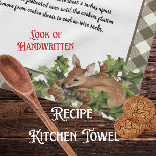 Christmas Deer Holy Recipe Keepsake Beige Plaid Tea Towel
