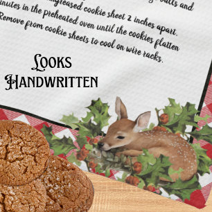 Christmas Deer Holy Recipe Keepsake Red Plaid Tea Towel