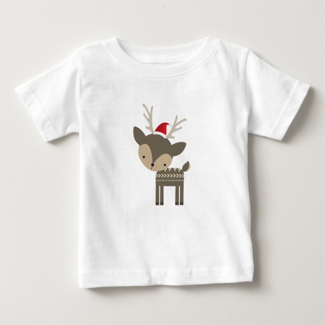 Christmas Deer In A Red Santa Hat Retro Hipster Baby T-Shirt (Front)
