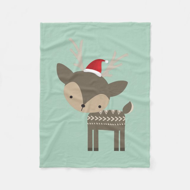 Christmas Deer In A Red Santa Hat Retro Hipster Fleece Blanket (Front)