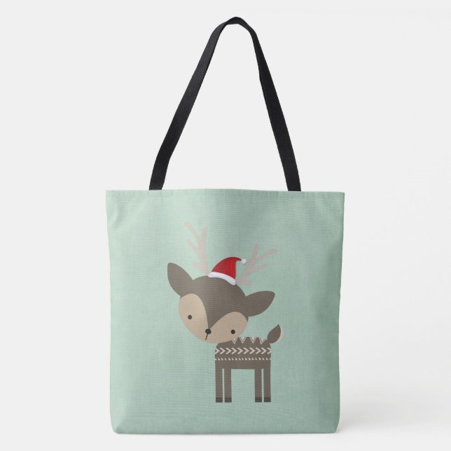 Christmas Deer In A Red Santa Hat Retro Hipster Tote Bag (Front)