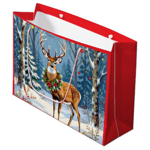 Christmas Deer in Festive Winter Forest Large Gift Bag