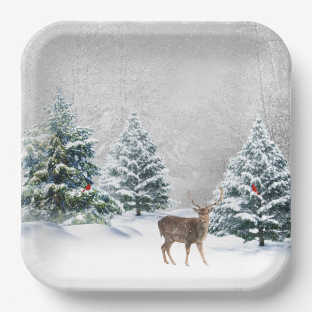 Christmas Deer In Winter Woods Paper Plate (Front)
