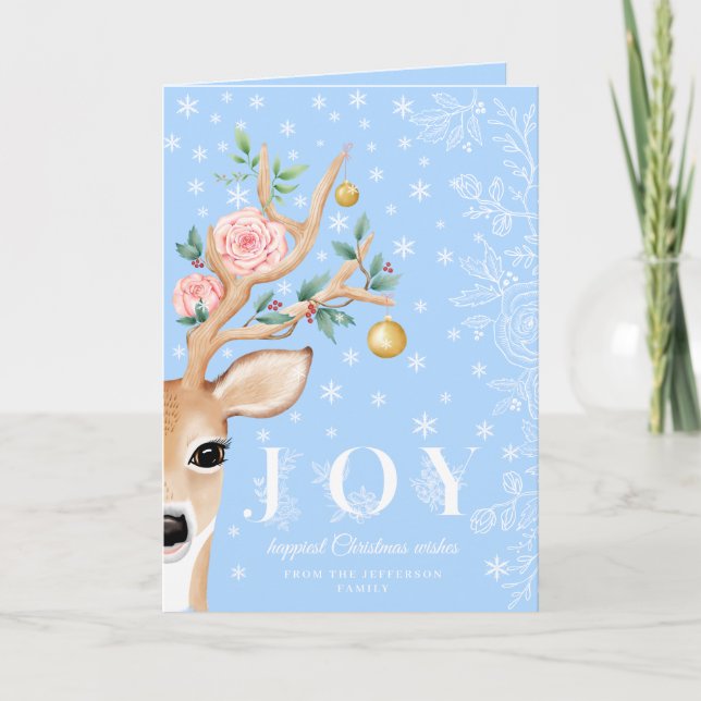 Christmas Deer Joy Holly Floral Antlers Snow Photo Holiday Card (Front)
