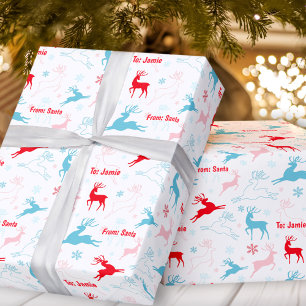 Christmas Deer Nordic Simple Blue Red Custom Name Wrapping Paper