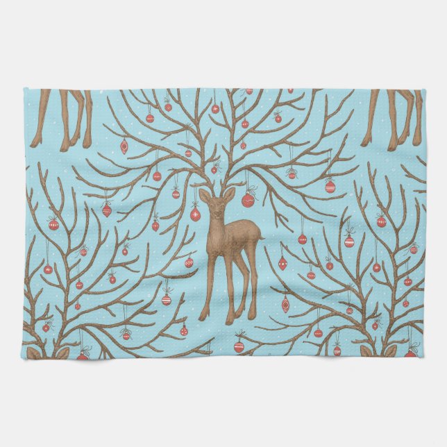 Christmas deer on blue tea towel (Horizontal)