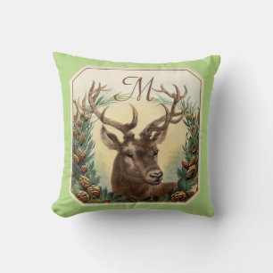 CHRISTMAS DEER,PINE CONE CROWN MONOGRAM Mint Green Cushion