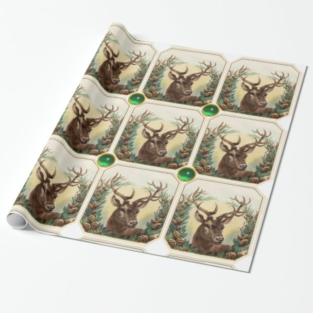 CHRISTMAS DEER,PINE CONE CROWNS,GREEN GEMSTONES WRAPPING PAPER (Unrolled)
