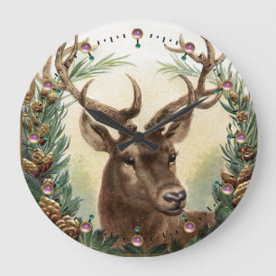 CHRISTMAS DEER,PINE CONES CROWN AND PINK GEMSTONES LARGE CLOCK