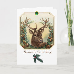 CHRISTMAS DEER,PINE CONES CROWN,GREEN GEMSTONES HOLIDAY CARD