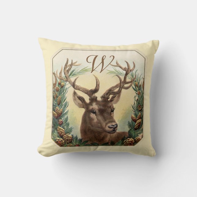 CHRISTMAS DEER,PINE CONES CROWN MONOGRAM Cream Cushion (Front)