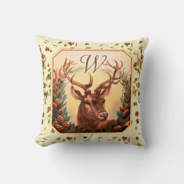 CHRISTMAS DEER,PINE CONES CROWN MONOGRAM Cream Cushion (Front)