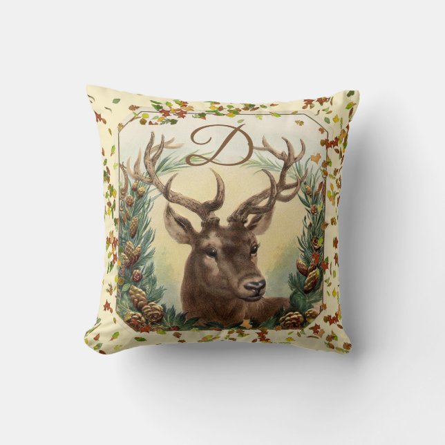 CHRISTMAS DEER,PINE CONES CROWN MONOGRAM Ivory Cushion (Front)