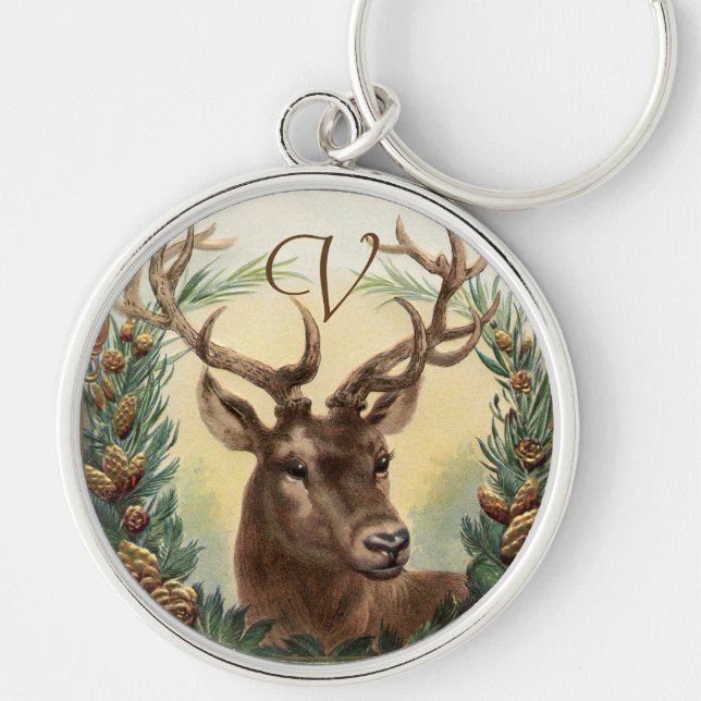 CHRISTMAS DEER ,PINE CONES CROWN MONOGRAM LETTER KEY RING (Front)