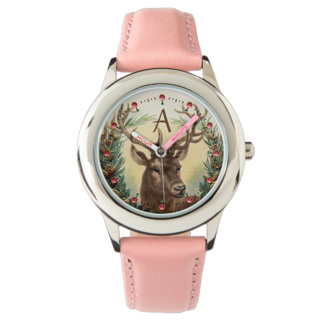 CHRISTMAS DEER,PINE CONES CROWN,PINK GEMS MONOGRAM WATCH (Front)