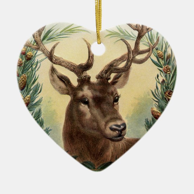 CHRISTMAS DEER,PINE CONES CROWN,RED GREEN GEMS CERAMIC ORNAMENT (Front)