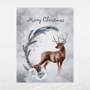 Christmas Deer Pine Floral Watercolor Holiday Postcard