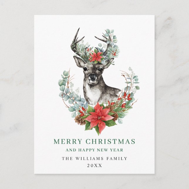 Christmas Deer Poinsettia Greeting Holiday Postcard (Front)