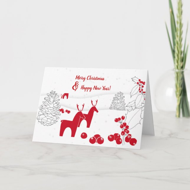 Christmas Deer, Red Hand Drawn Holly & Pine Cones Holiday Card (Front)