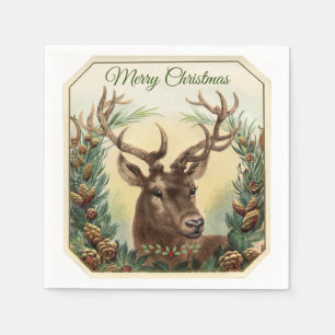 Christmas Deer Reindeer Holly Pine Cones Rustic Napkin