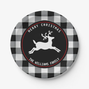 Christmas Deer Rustic Black White Buffalo Check Paper Plate