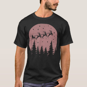 Christmas Deer Santa Claus On Sleigh Forest Night T-Shirt
