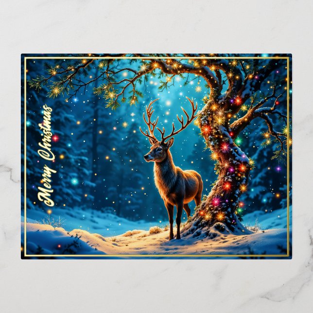Christmas deer snow colourful glitter glow foil invitation postcard (Front)