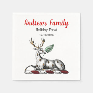 Christmas Deer Stag, Fern Heraldic Crest Emblem Napkin
