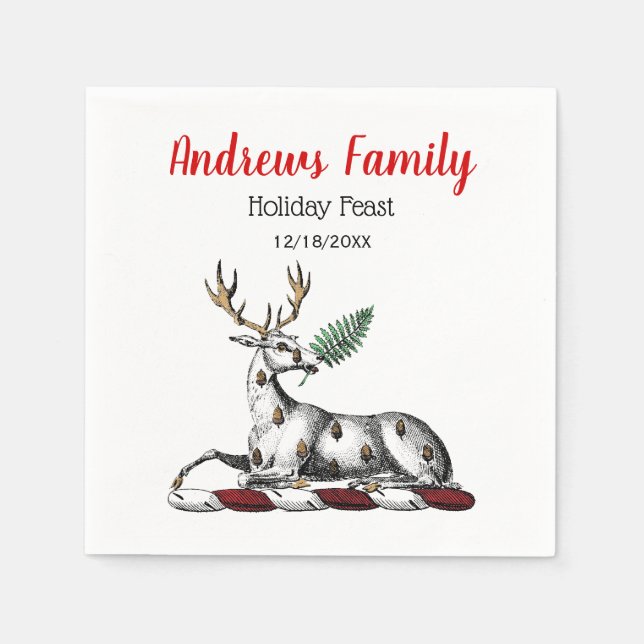 Christmas Deer Stag, Fern Heraldic Crest Emblem Napkin (Front)