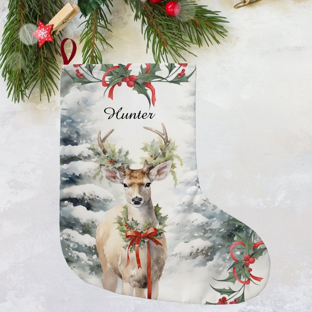 Christmas Deer Stocking, Perfect Hunters Gift Large Christmas Stocking ( Christmas Deer Art Stocking, Rustic Woodland)