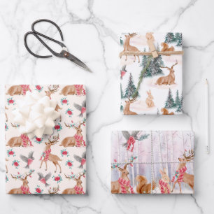 Christmas Deer Wildlife Rabbits Squirrels Wrapping Paper Sheet