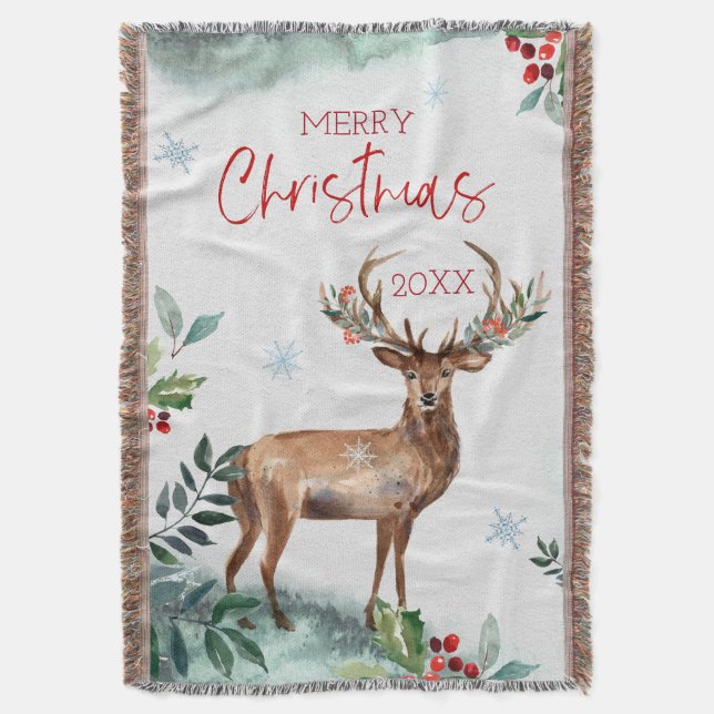 Christmas deer winter foliage typography design throw blanket (Front Vertical)