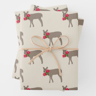 Christmas Deer with Flowers Wrapping Paper Sheet