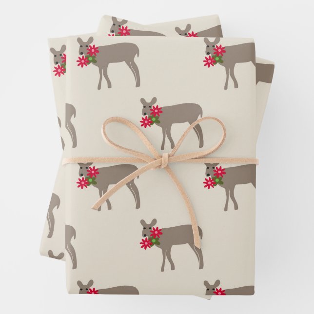 Christmas Deer with Flowers Wrapping Paper Sheet (In situ)