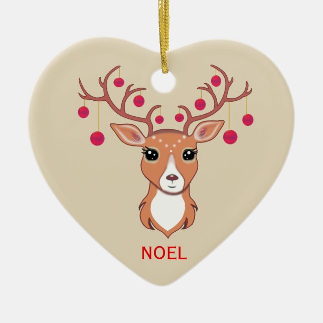 Christmas Deer with Red balls Ceramic Ornament (Front)