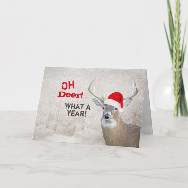 Christmas Deer With Santa Cap Holiday Card (Front)