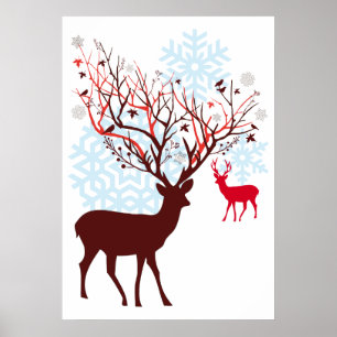 Christmas Deer with tree branch antlers Poster