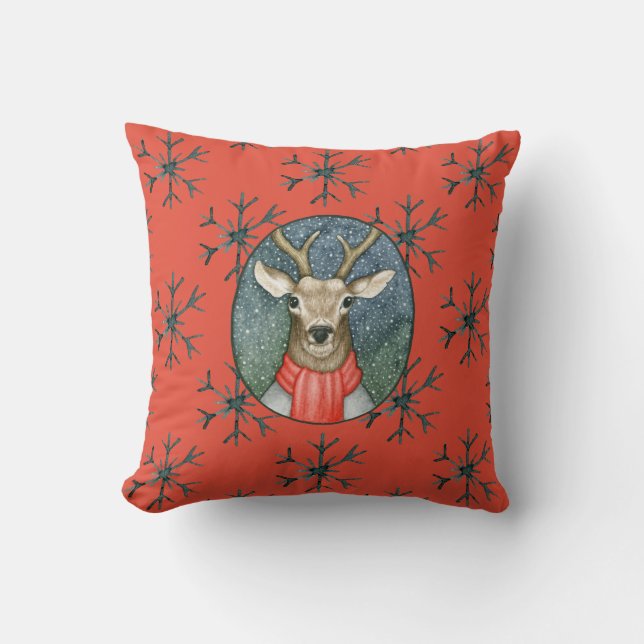 Christmas Deer Woodland Holiday Illustration Cushion (Front)