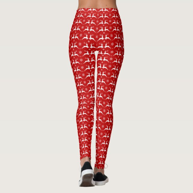 Christmas Deers and Snowflakes Red & White Pattern Leggings (Back)