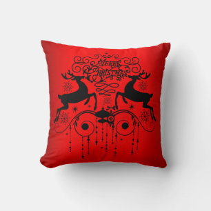 Christmas Deers Slhouettes Red Throw Pillow