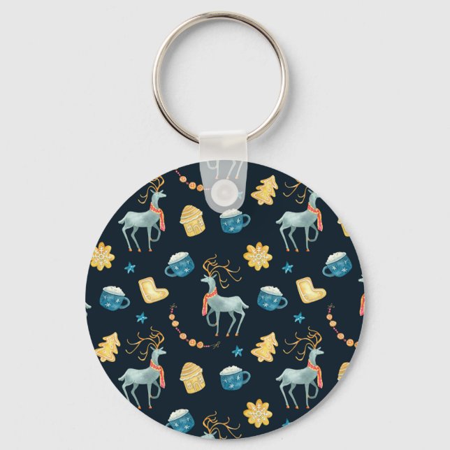 Christmas Deers: Watercolor Seamless Pattern Key Ring (Front)