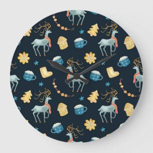 Christmas Deers: Watercolor Seamless Pattern Large Clock