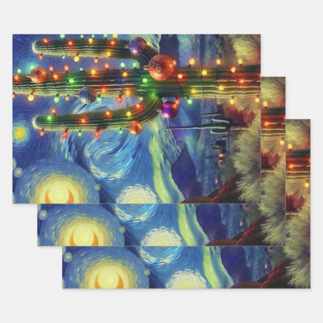 Christmas Desert Saguaro Cactus Decoupage Wrapping Paper Sheet (Set)